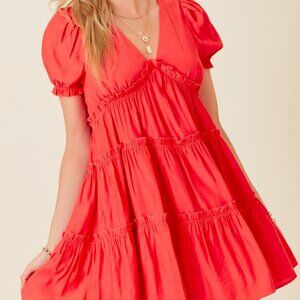 V-NECK TIERED MINI DRESS WITH RUFFLE DETAILS